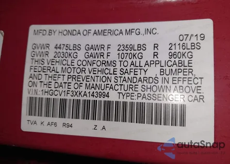 2019 Honda Accord Sport z USA, uszkodzony, nr VIN 1HGCV1F3XKA143994